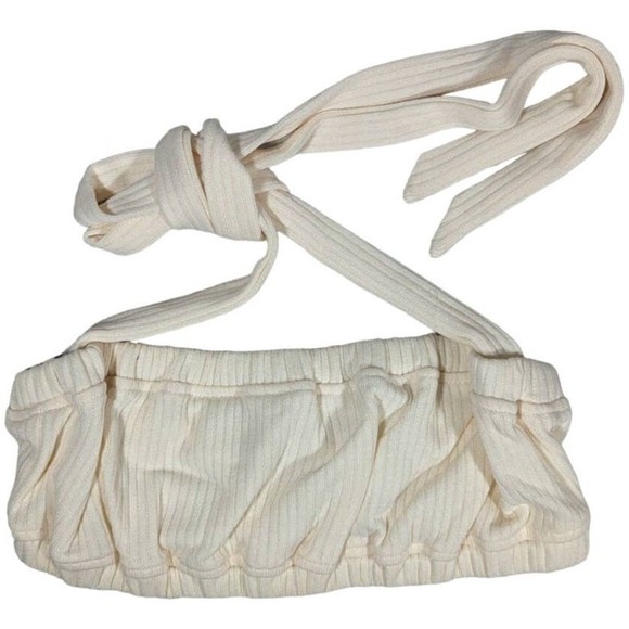 WeWoreWhat Ivory Ribbed Tie Halter Bra Top M NWT | Crisscross Stretch Crop - Picture 1 of 9